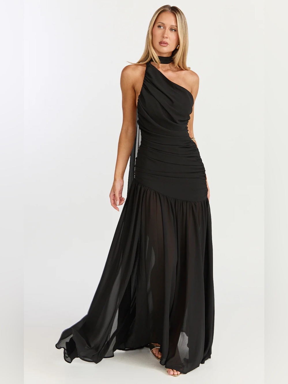 Showpo One Shoulder Neck Tie Ruched High Split Maxi Dress in Black